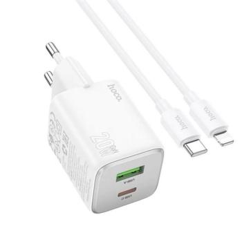 HOCO N41 hálózati töltő USB+Type-C aljzat (20W, GaN, PD gyorstöltő 3.0 + lightning kábel) FEHÉR kép
