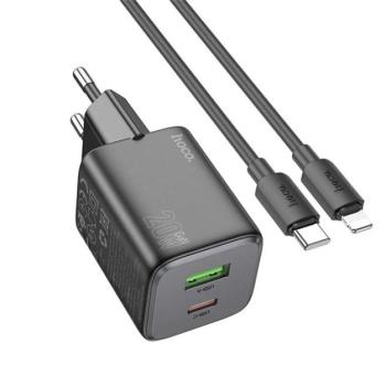 HOCO N41 hálózati töltő USB+Type-C aljzat (20W, GaN, PD gyorstöltő 3.0 + lightning kábel) FEKETE kép