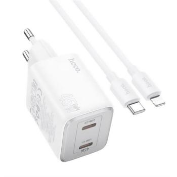 HOCO N42 hálózati töltő 2 Type-C aljzat (45W, GaN, PD gyorstöltő 3.0 + lightning kábel) FEHÉR kép