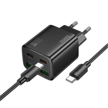 HOCO N52 hálózati töltő 2 USB+2 Type-C aljzat (20W, PD gyorstöltő 3.0 + lightning kábel) FEKETE kép