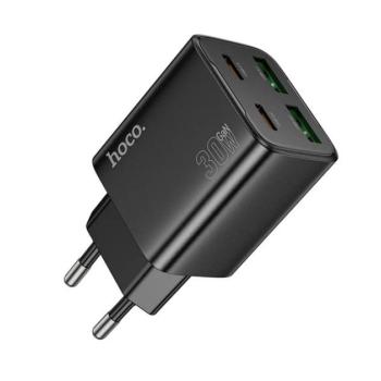 HOCO N56 hálózati töltő 2 USB+2 Type-C aljzat (30W, GaN, PD gyorstöltő 3.0) FEKETE kép