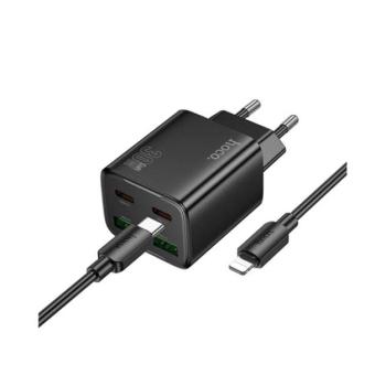 HOCO N56 hálózati töltő 2 USB+2 Type-C aljzat (30W, GaN, PD gyorstöltő 3.0 + lightning kábel) FEKETE kép