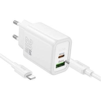 HOCO N61 hálózati töltő USB+Type-C aljzat (20W, PD gyorstöltő 3.0 + lightning kábel) FEHÉR kép