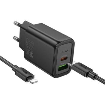 HOCO N61 hálózati töltő USB+Type-C aljzat (20W, PD gyorstöltő 3.0 + lightning kábel) FEKETE kép