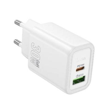 HOCO N63 hálózati töltő USB+Type-C aljzat (30W, 3A, PD gyorstöltő 3.0) FEHÉR kép