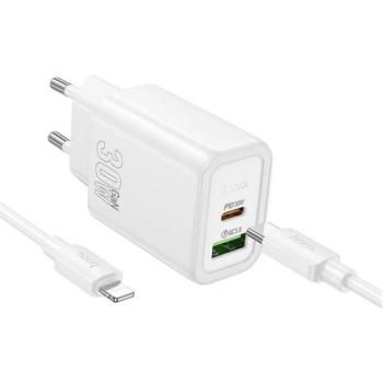 HOCO N63 hálózati töltő USB+Type-C aljzat (30W, PD gyorstöltő 3.0 + lightning kábel) FEHÉR kép