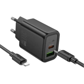HOCO N63 hálózati töltő USB+Type-C aljzat (30W, PD gyorstöltő 3.0 + lightning kábel) FEKETE kép