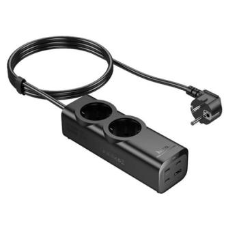 HOCO NS10 hálózati elosztó (2 AC+USB+3 Type-C aljzat 67W, PD gyorstöltő 3.0 + 200cm tápkábel) FEKETE kép