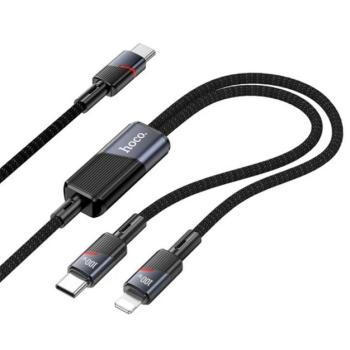 HOCO U139 adatkábel 2in1 (Type-C - lightning/Type-C, 100W, gyorstöltő, 120cm, cipőfűző) FEKETE kép