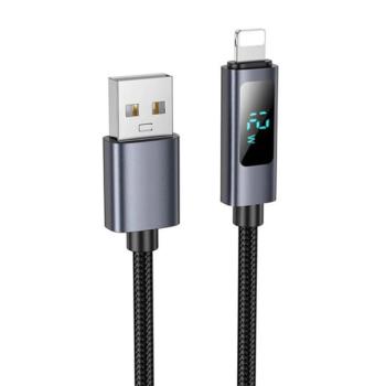 HOCO X112 adatkábel (USB - lightning, 2.4A, gyorstöltő, 100cm, LED kijelző, cipőfűző) FEKETE kép