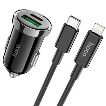 HOCO Z44 autós töltő USB / Type-C aljzat (5V / 3000 mA, PD gyorstöltés tám. + Type-C - lightning 8pin kábel) FEKETE Apple iPhone 7 4.7, Apple iPhone 7 Plus 5.5, Apple IPAD mini 4, Apple IPAD Pr kép