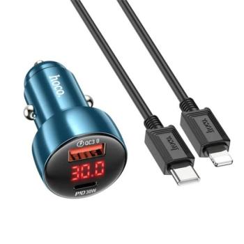 HOCO Z50 autós töltő USB+Type-C aljzat (48W, PD gyorstöltő 3.0, LED kijelző + lightning kábel) SÖTÉTKÉK kép