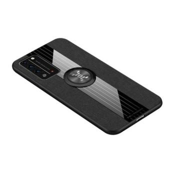 Huawei Honor X10 5G, Műanyag hátlap védőtok, közepesen ütésálló, szilikon belső, telefontartó gyűrű, textil minta, Defender, fekete kép