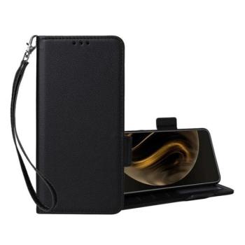 Huawei Nova 13 Pro, Oldalra nyíló tok, stand, kártyatartóval, kézpánttal, bőrhatású, prémium, fekete kép