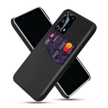 Huawei P40, Műanyag hátlap védőtok, közepesen ütésálló, textil bevonat, bőrhatású hátlap, kártyatartóval, fekete kép
