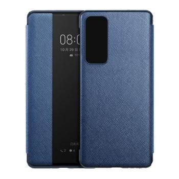 Huawei P40, Oldalra nyíló tok, bőrhatású, hívás mutatós, textil minta, View Window, kék kép
