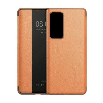 Huawei P40, Oldalra nyíló tok, bőrhatású, hívás mutatós, textil minta, View Window, narancssárga kép