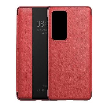 Huawei P40, Oldalra nyíló tok, bőrhatású, hívás mutatós, textil minta, View Window, piros kép