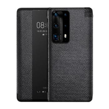 Huawei P40, Oldalra nyíló tok, valódi bőrtok, hívás mutatós, érdes felület, Smart View Cover, fekete (utángyártott) kép