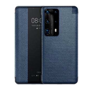 Huawei P40, Oldalra nyíló tok, valódi bőrtok, hívás mutatós, érdes felület, Smart View Cover, sötétkék (utángyártott) kép