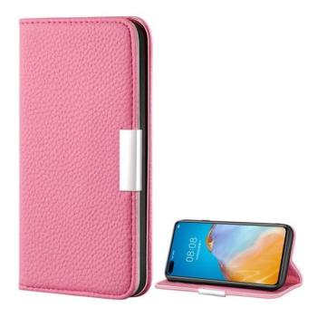 Huawei P40 Pro, Oldalra nyíló tok, bőrhatású, stand, elegáns fémcsat, mágneses, rózsaszín kép