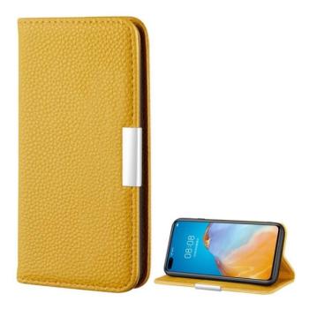 Huawei P40 Pro, Oldalra nyíló tok, bőrhatású, stand, elegáns fémcsat, mágneses, sárga kép