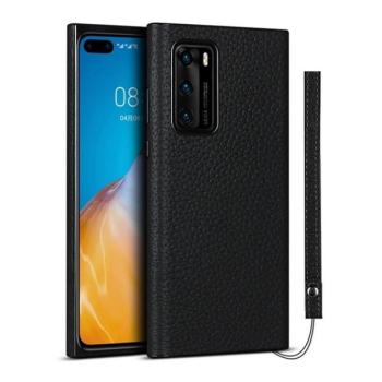 Huawei P40, Szilikon tok, valódi bőrrel bevont hátlap, fekete kép