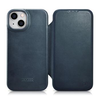 iCarer CE olajviasz prémium bőr fóliatok bőr tok iPhone 14 Plus Flip mágneses MagSafe kék (AKI14220707-BU) kép