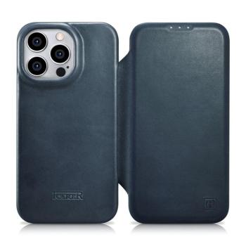 iCarer CE olajviasz prémium bőr fóliatok bőr tok iPhone 14 Pro Flip mágneses MagSafe kék (AKI14220706-BU) kép