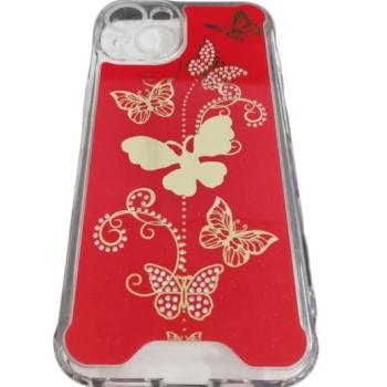 iPhone 14 (6.1&quot;) hátlap tok, TPU tok, pillangó mintás, piros/arany, mágneses kép