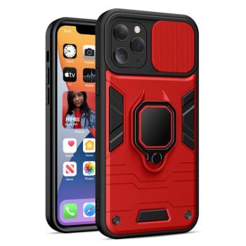 iPhone 14 Pro (6.1&quot;) ütésálló hátlap tok, PC / TPU tok, kamera védővel, piros-fekete, kitámaszható, Ring Lens kép
