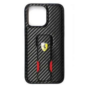 iPhone 15 (6,1&quot;) hátlap tok, PU, carbon mintás, kitámasztható, fekete, Ferrari Grip Stand (FEHCP15SGSNCAK) kép