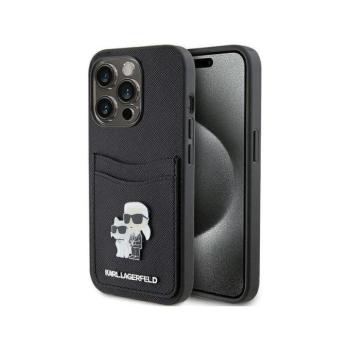 iPhone 15 Pro (6,1&quot;) hátlap tok, PU, fekete, Karl Lagerfeld Saffiano Card Slot Metal Karl and Choupette (KLHCP15LSAPKCNPK) kép