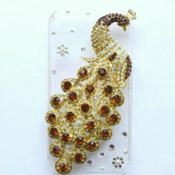 iPhone 4 4G 4S 4GS barna köves páva mintás kemény hátlap tok kép