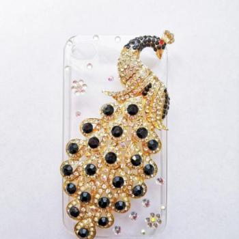 iPhone 4 4G 4S 4GS fekete köves páva mintás kemény hátlap tok kép