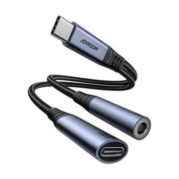 JOYROOM adapter kábel 2in1 (Type-C+3.5mm jack aljzat - Type-C, PD gyorstöltő, cipőfűző, DAC) FEKETE kép
