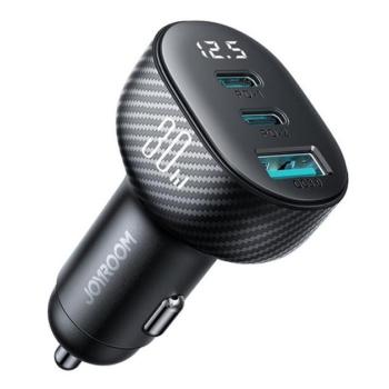 JOYROOM autós töltő 2 Type-C aljzat / USB aljzat (30W, gyorstöltő, karbon minta) FEKETE kép