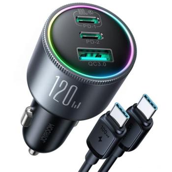 JOYROOM autós töltő USB+2 Type-C aljzat (5V/3A, 120W, PD gyorstöltő 3.0 + Type-C kábel) FEKETE kép