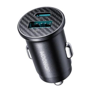 JOYROOM autós töltő USB+Type-C aljzat (15W, PD gyorstöltő, mini, karbon minta) FEKETE kép
