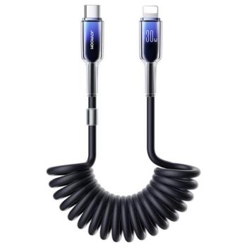 JOYROOM CRYSTAL CLEAR adatkábel (Type-C - lightning, 30W, 2A, PD gyorstöltő, 150cm, spirálkábel) FEKETE kép
