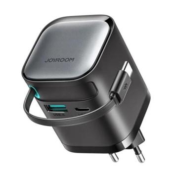JOYROOM hálózati töltő USB+Type-C aljzat (65W, PD gyorstöltő, GaN + fix, csévélhető Type-C kábel) FEKETE kép