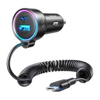 Joyroom JR-CL07 autós töltő 1xUSB-A és 1xUSB-C csatlakozással és rögzített Type-C kábellel PD 55W - fekete kép