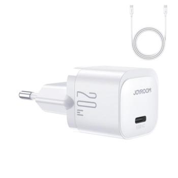 JOYROOM MINI hálózati töltő Type-C aljzat (5V/3A, 20W, PD gyorstöltő + Type-C kábel) FEHÉR kép