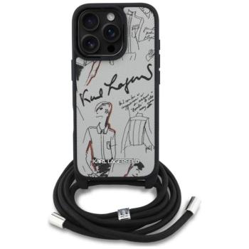 Karl Lagerfeld Crossbody Grained Pattern &amp; Logo iPhone 16 Pro műbőr hátlap tok vállpánttal, MagSafe, szürke kép