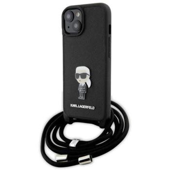 Karl Lagerfeld Crossbody Saffiano Monogram Metal Pin Karl Apple iPhone 15 hátlap tok, fekete kép
