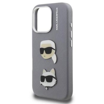 KARL LAGERFELD GRAINED PU K&amp;CH HEADS szilikon telefonvédő (ütésállóság, bőr hatású hátlap, 3D) VILÁGOSSZÜRKE Apple iPhone 16 Pro kép