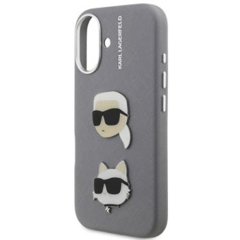 KARL LAGERFELD GRAINED PU K&amp;CH HEADS szilikon telefonvédő (ütésállóság, bőr hatású hátlap, 3D) VILÁGOSSZÜRKE Apple iPhone 16 kép