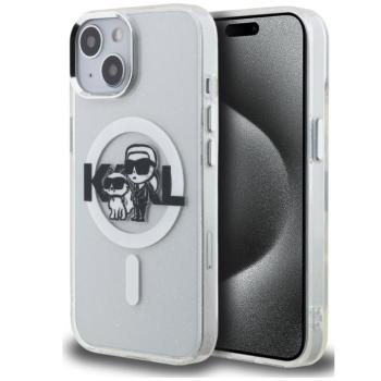 Karl Lagerfeld IML Glitter Karl and Choupette Sketch iPhone 15 MagSafe kompatibilis hátlap tok, átlátszó kép
