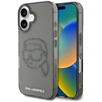 Karl Lagerfeld IML Rhinestones Karl Head iPhone 16 hátlap tok kameravédelemmel, fekete kép