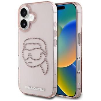 Karl Lagerfeld IML Rhinestones Karl Head iPhone 16 hátlap tok kameravédelemmel, rózsaszín kép